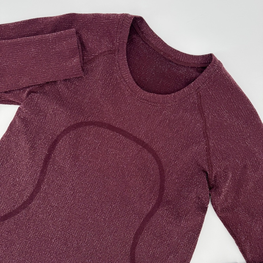 Lululemon Swiftly Tech Long Sleeve 2.0 Sparkle Black Plum Rainbow Lurex Sz 6 Hip